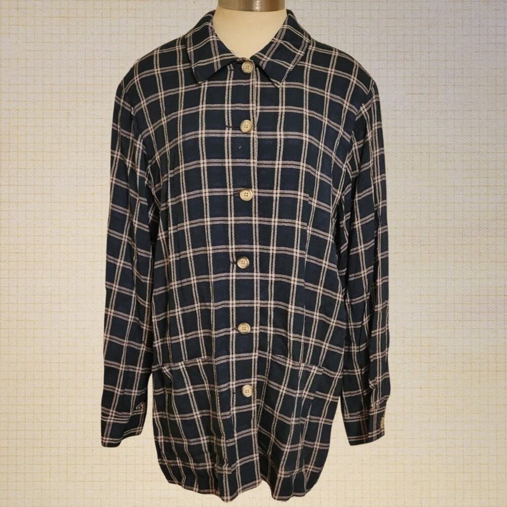 Vintage 90s Plaid Button Front T Shirt Dress Talbots Large Long Sleeve